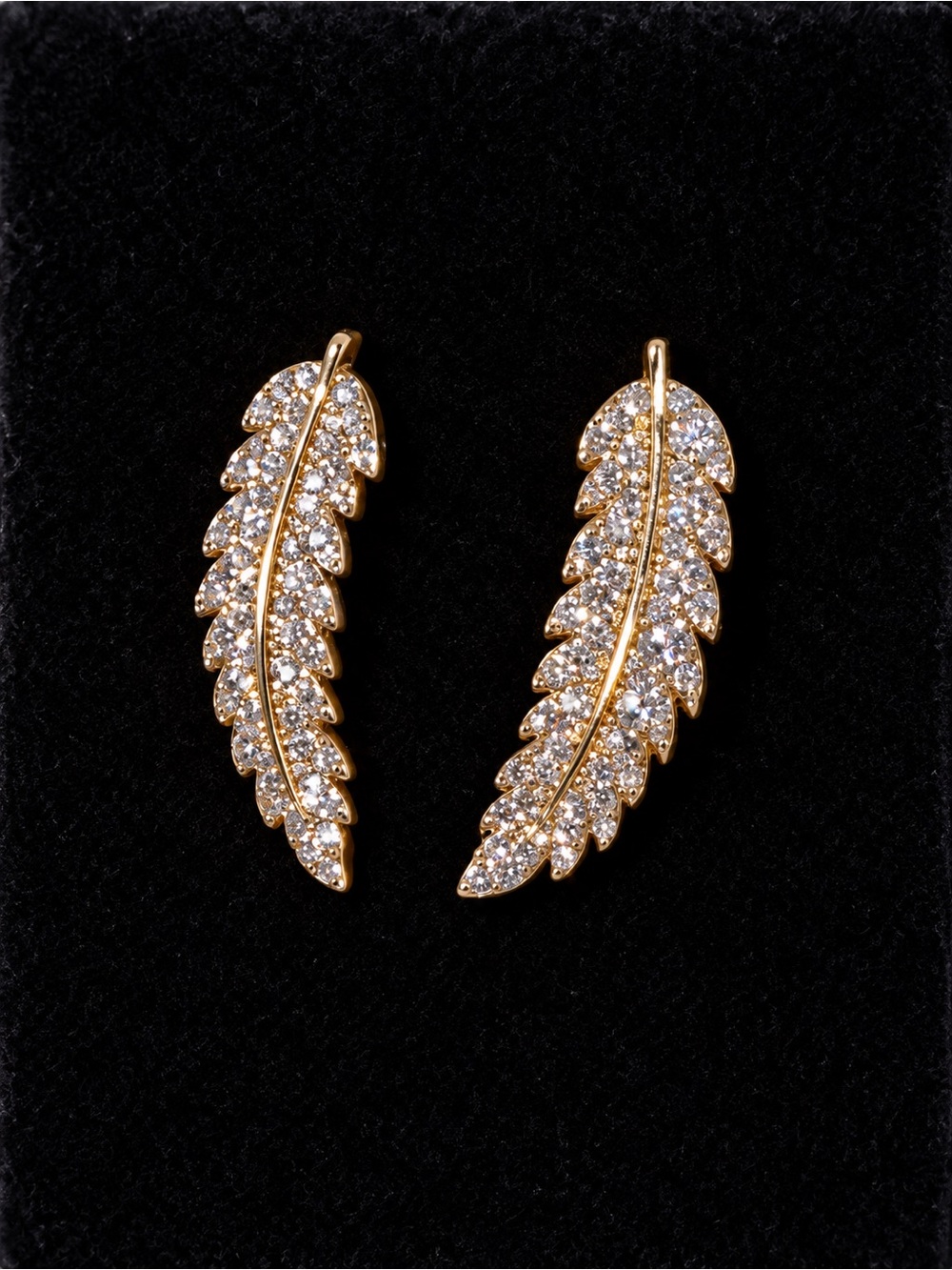 Gold Crystal Feather Drop Earrings